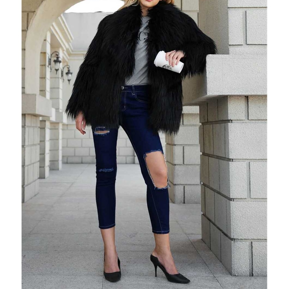 Black Solid Fluffy Faux Fur Winter Coat - Picture 5 of 6